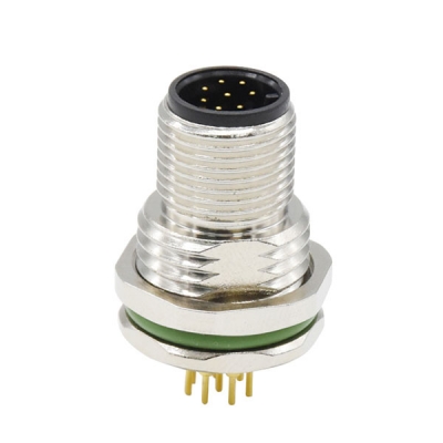 M12 A-coded 8Pin male panel mount connector, PCB contact, front fastened, PG9/M16×1.5