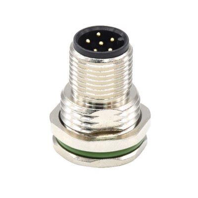 M12A-coded 6Pin male panel mount connector, solder contact, front fastened, PG9/M16×1.5