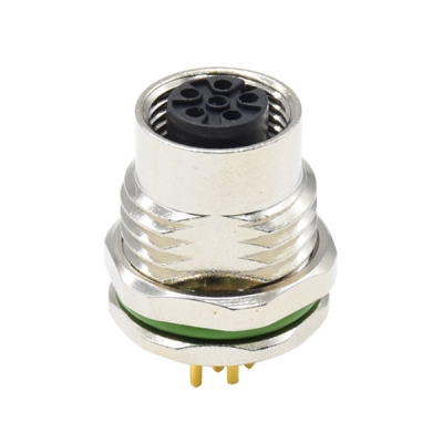 M12A-coded 6Pin female panel mount connector, PCB contact, front fastened, PG9/M16×1.5