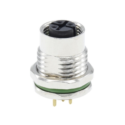 M12A-coded 3Pin female panel mount connector, PCB contact, front fastened, PG9/M16×1.5